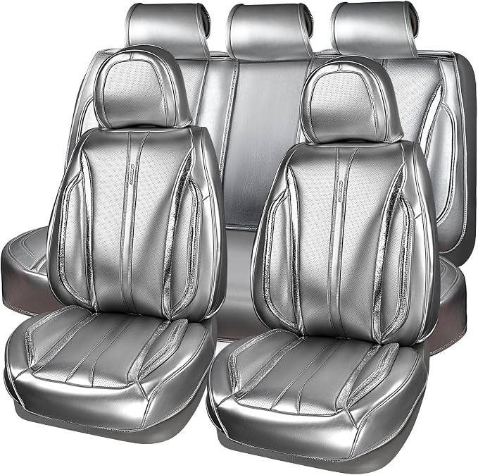 CAR PASS Ultra+ Nappa Leather Car Seat Covers Full Set Universal Cushioned, Soft Breathable Waterproof Anti-Slip Driver Seats and Backrest for SUV Pick-up Truck Sedan, 5 Seats Margiela Solid Silver