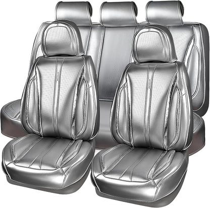 CAR PASS Ultra+ Nappa Leather Car Seat Covers Full Set Universal Cushioned, Soft Breathable Waterproof Anti-Slip Driver Seats and Backrest for SUV Pick-up Truck Sedan, 5 Seats Margiela Solid Silver