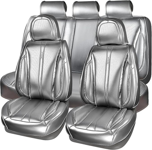 CAR PASS Ultra+ Nappa Leather Car Seat Covers Full Set Universal Cushioned, Soft Breathable Waterproof Anti-Slip Driver Seats and Backrest for SUV Pick-up Truck Sedan, 5 Seats Margiela Solid Silver