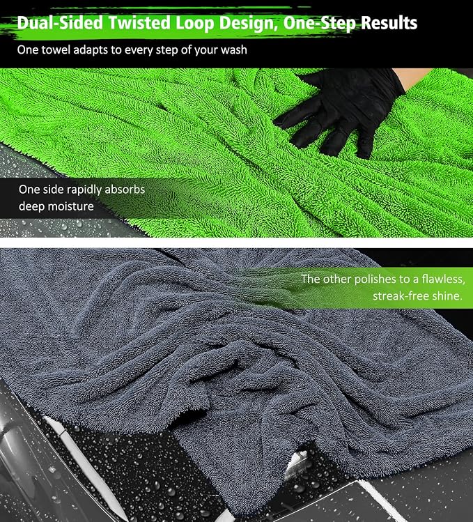 YeewayVeh 'Agile Giant' Car Drying Towel, 28x36 Inch Quick Car Wash Drying Towels, 1400 GSM Super Absorbent, Double Sided Microfiber Towels for Cars Effortless & Scratch-Free Detailing, Green