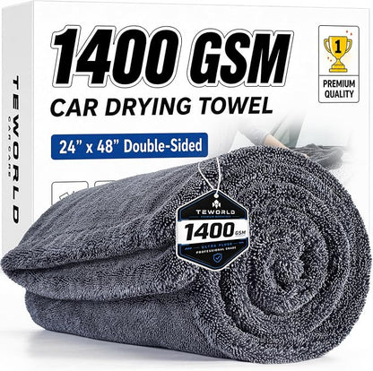 1400 GSM Car Drying Towels – XXL Microfiber Towels for Cars (48" x 24"), Ultra-Absorbent, Streak-Free, Scratch-Free, No Water Spots, Double-Twist Pile & Edgeless Design