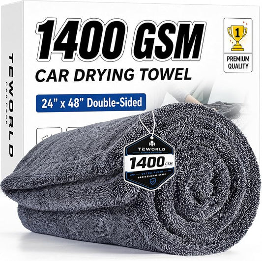 1400 GSM Car Drying Towels – XXL Microfiber Towels for Cars (48" x 24"), Ultra-Absorbent, Streak-Free, Scratch-Free, No Water Spots, Double-Twist Pile & Edgeless Design