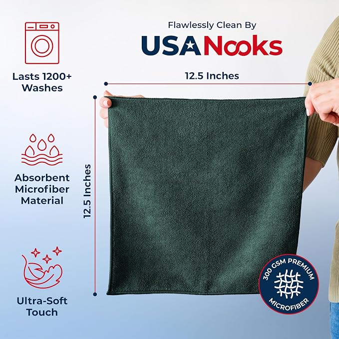 USANOOKS Premium 300GSM Microfiber Cleaning Cloth - 12.5"x12.5" High Performance - 1200 Washes, Ultra Absorbent Microfiber Towels for Cars Undercarriage, Rims & Engine Bay Cleaning - Microfiber Cloth