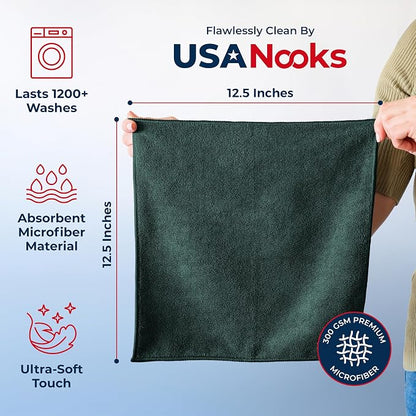 USANOOKS Premium 300GSM Microfiber Cleaning Cloth - 12.5"x12.5" High Performance - 1200 Washes, Ultra Absorbent Microfiber Towels for Cars Undercarriage, Rims & Engine Bay Cleaning - Microfiber Cloth