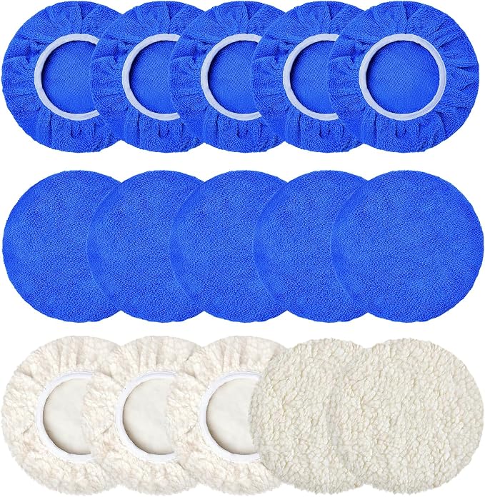 15 PCS Car Polisher Pad Bonnet 7 to 8 Inch, Car Polishing Bonnet Buffing Pads, Lamb Fleece Buffing Pad Cover, 10*Microfiber 5*Woollen