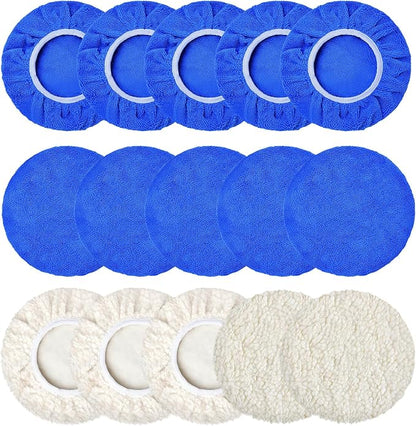 15 PCS Car Polisher Pad Bonnet 7 to 8 Inch, Car Polishing Bonnet Buffing Pads, Lamb Fleece Buffing Pad Cover, 10*Microfiber 5*Woollen