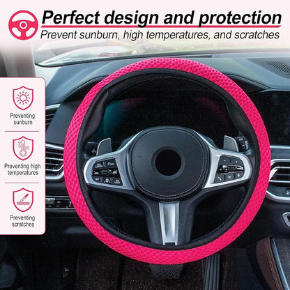 Alpmosn Elastic Stretch Steering Wheel Cover, Universal Interior Accessories Steering Wheel Cover for Women & Men, Breathable Microfiber Ice Silk, Anti-Slip, Odorless, Easy Carry(Rose Red)