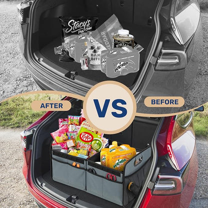 YSSOA Car Trunk Organizer with Lid, Collapsible 2 Compartment Automotive Storage Box, 600D Waterproof Oxford Polyester 50L Travel Accessories, Anti-slip & Leak-proof, Grey-Green