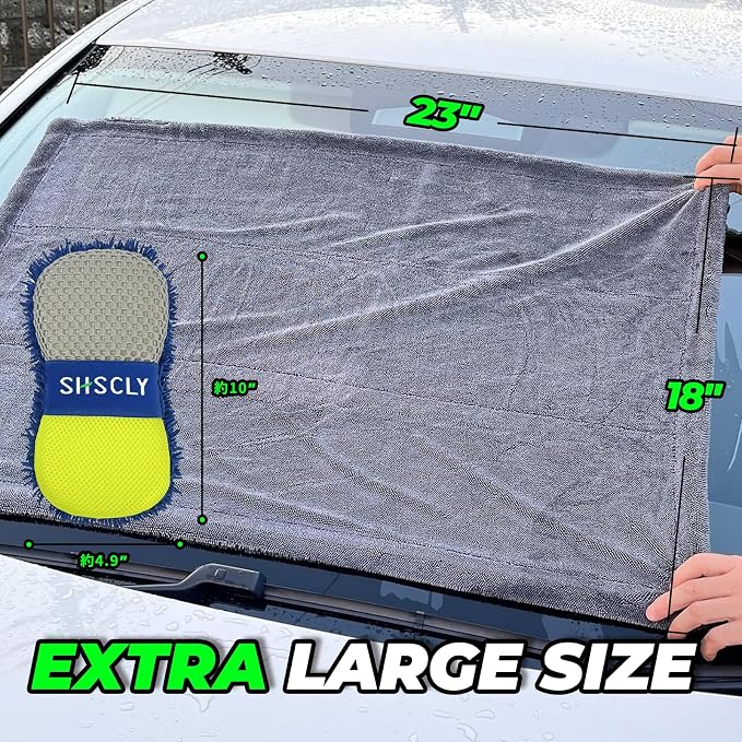 SHSCLY 2-Pack Double-Sided Microfiber Car Drying Towel Gray 18 x 23 in | Dual-Sided Design, Includes Figure-8 Car Wash Sponge, Paint Safe, Lint-Free, Machine Washable