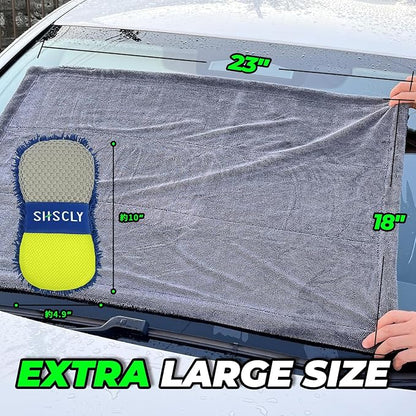 SHSCLY 2-Pack Double-Sided Microfiber Car Drying Towel Gray 18 x 23 in | Dual-Sided Design, Includes Figure-8 Car Wash Sponge, Paint Safe, Lint-Free, Machine Washable