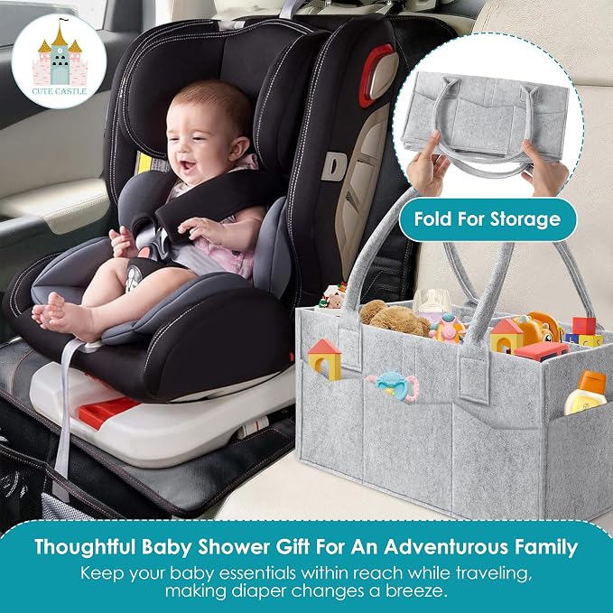Cute Castle 4 Pack Diaper Caddy Organizer - Portable Baby Caddy Organizer with Handle, Nursery Storage Bin and Car Organizer for Girls, Boys - Baby Gift Basket - Grey