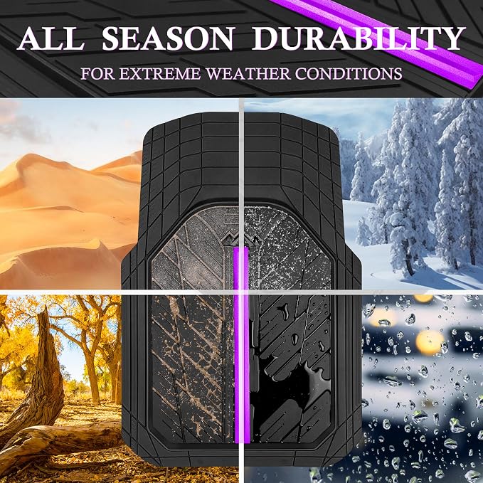 CAR PASS Rubber Floor Mats for Cars, Car Mats Full Sets DeepDish,Universal S~L Size Trim-to Fit Automotive Floor Mat for Truck Van SUV, Heavy Duty Waterproof All-Weather Floor Liners Black Purple