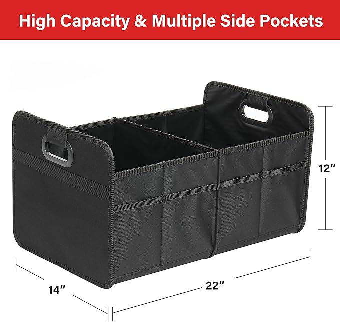 YSSOA Car Trunk Organizer, 2 Compartments Anti-slip 14" D x 22" W x 12" H Collapsible Trunk Storage, 600D Oxford Polyester Car Storage, Suitable for SUV, Minivan, Truck, Black