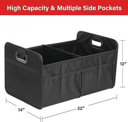 YSSOA Car Trunk Organizer, 2 Compartments Anti-slip 14" D x 22" W x 12" H Collapsible Trunk Storage, 600D Oxford Polyester Car Storage, Suitable for SUV, Minivan, Truck, Black