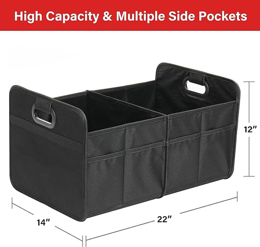 YSSOA Car Trunk Organizer, 2 Compartments Anti-slip 14" D x 22" W x 12" H Collapsible Trunk Storage, 600D Oxford Polyester Car Storage, Suitable for SUV, Minivan, Truck, Black