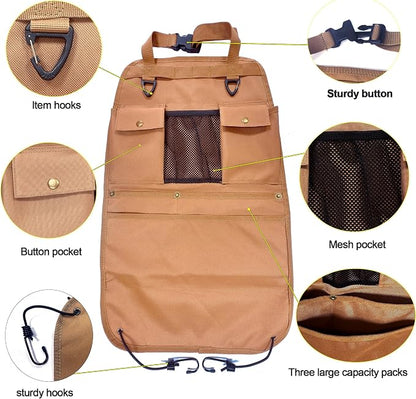 Car Seat Back Organizer with Multiple Pockets and Hooks (brown)