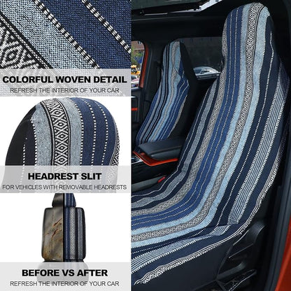Frienda Baja Saddle Blanket Car Seat Covers Full Set Multicolor Stripe Boho Steering Wheel Cover Seat Belt Pads Crystal Hanging Ornament Automotive Interior Universal Fit Most Cars (Retro Style)
