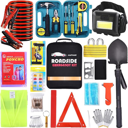 Car Emergency Kits for Vehicles with Jumper Cables Automotive Safety Kits | Roadside Emergency Car Kit headlamp, Reflective Triangle, Safety Hammer, Folding Shovel, Ideal Gifts for New Drivers