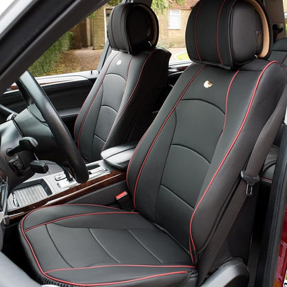 FH Group Front Set Faux Leather Car Seat Cushions - 2 Pack Seat Covers for Cars Trucks, SUV, Waterproof Car Seat Cover, Universal Fit, Black Red Trim