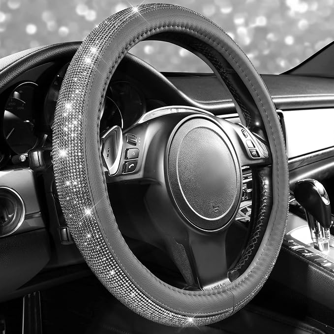 CAR PASS Bling Diamond Leather Steering Wheel Cover, with Bling Sparkly Crystal Glitter Rhinestones Universal Fit 14" 1/2-15" Car Wheel Protector for Women Girl Fit Suvs,Vans,Sedans,Cars,Trucks, Gray