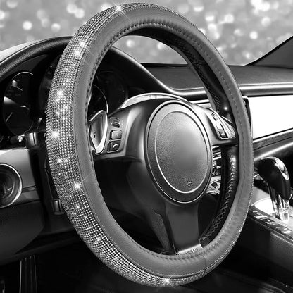 CAR PASS Bling Diamond Leather Steering Wheel Cover, with Bling Sparkly Crystal Glitter Rhinestones Universal Fit 14" 1/2-15" Car Wheel Protector for Women Girl Fit Suvs,Vans,Sedans,Cars,Trucks, Gray