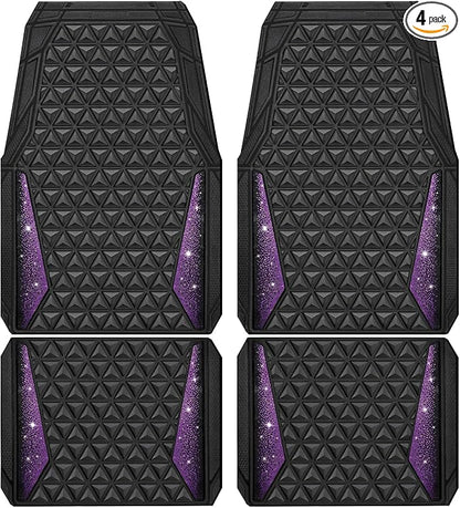 CAR PASS Bling Rubber Car Mats Diamond Floor Mats Full Set Anti-Slip 3D Rhombus Waterproof Universal Trim to Fit Liner Glitter Crystal Sparkly Shining Rhinestone Girl Women SUV Sedan Van, Black Purple