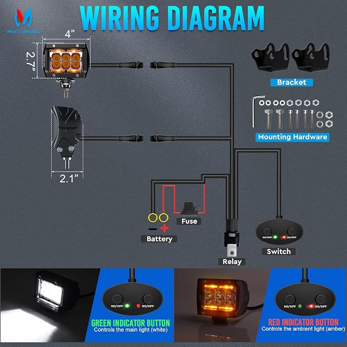 MICTUNING K1 LED Light Pods with Amber DRL 4 Inch, 36W Spot Off Road Lights Super Bright Driving Fog Light 1800LM IP68 Waterproof with Wire Harness for Trucks Motorcycle ATV UTV SUV Car Boat, Pair