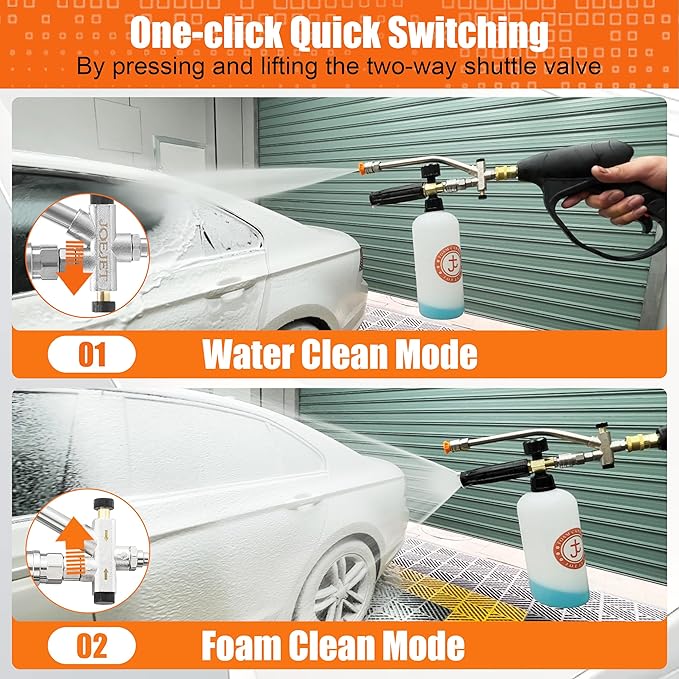 JOEJET Short Pressure Washer Gun with Foam Cannon Dual Connector Accessory, Car Wash Foam Gun with 1/4 Inch Quick Connector, 5 Pressure Washer Nozzle Tips, 1 Liter