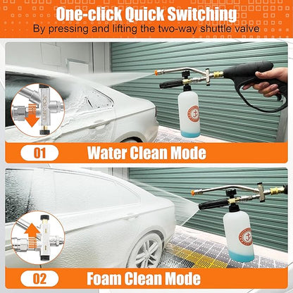 JOEJET Short Pressure Washer Gun with Foam Cannon Dual Connector Accessory, Car Wash Foam Gun with 1/4 Inch Quick Connector, 5 Pressure Washer Nozzle Tips, 1 Liter