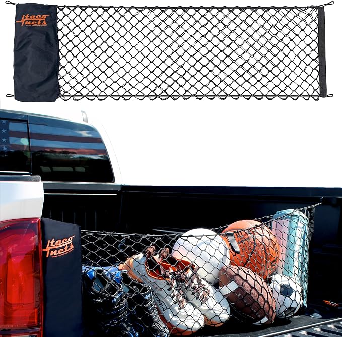TacoNets Envelope Cargo Net for Toyota Tacoma - Fits 2005-Current - Patented Bed Rail Integration - Upgraded 5mm Bungee - Integrated Storage Bag - Heavy Duty Carabiners - Designed in USA