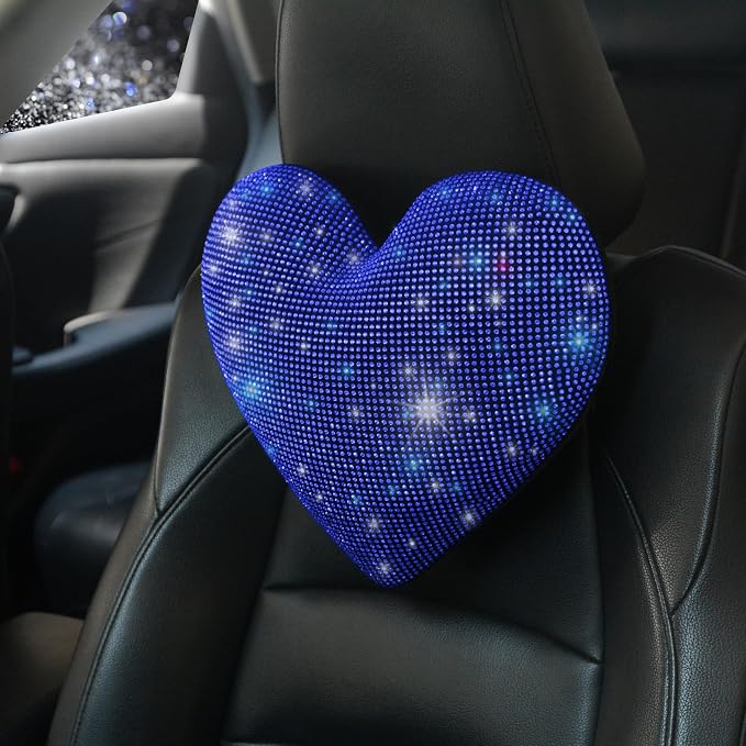 Car Bling Pillows Automobile Headrest Neck Pillow Shiny Diamond Interior Accessories for Women, Girls and Ladies Car Nevk Pillow Rhinestone Universal Fit Blue 2 Pieces
