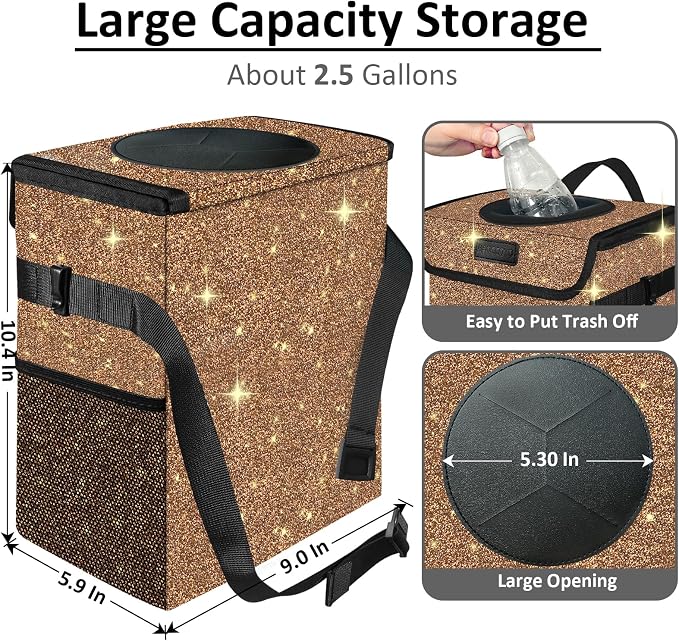 Cute Mini Car Trash Bag with Lid, Glitter Garbage Can Bin Hanging for Back/Front Seat/Console, Waterproof, Leakproof, 2.5 Gallon, Brown Bling Sparkly