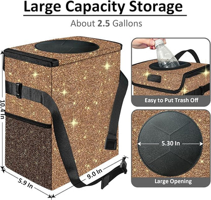Cute Mini Car Trash Bag with Lid, Glitter Garbage Can Bin Hanging for Back/Front Seat/Console, Waterproof, Leakproof, 2.5 Gallon, Brown Bling Sparkly