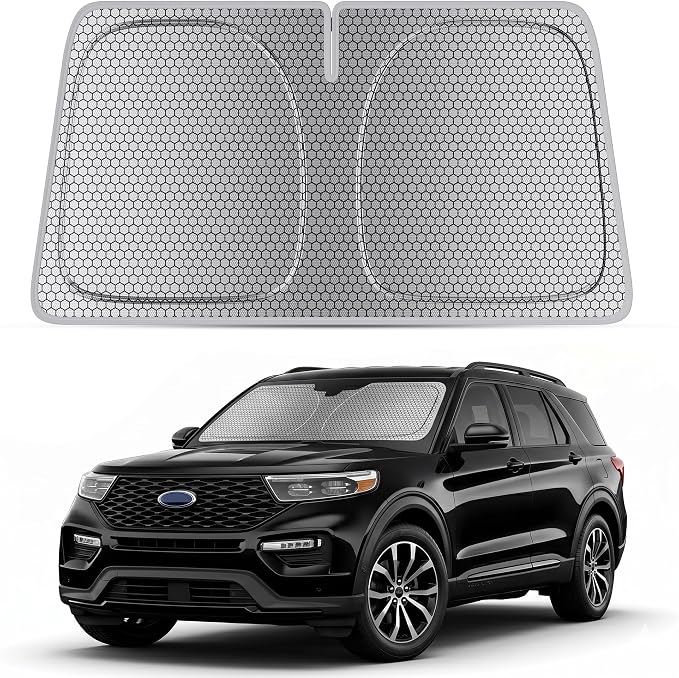 helloleiboo Windshield Sun Shade for Ford Explorer 2020-2026, Graphene Honeycomb Heat Shield with UV Protection, Foldable Custom Fit Front Window Sunshade for SUV, Silver 64" x 32"