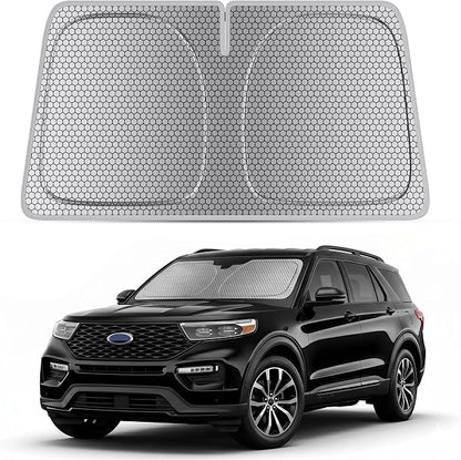 helloleiboo Windshield Sun Shade for Ford Explorer 2020-2026, Graphene Honeycomb Heat Shield with UV Protection, Foldable Custom Fit Front Window Sunshade for SUV, Silver 64" x 32"