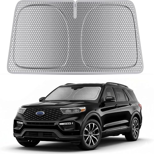 helloleiboo Windshield Sun Shade for Ford Explorer 2020-2026, Graphene Honeycomb Heat Shield with UV Protection, Foldable Custom Fit Front Window Sunshade for SUV, Silver 64" x 32"