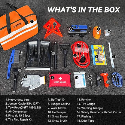 Car Emergency Kit with Portable Air Compressor, Winter Car Safety Roadside Assist Kit, Emergency Car Kit for Cars, Trucks