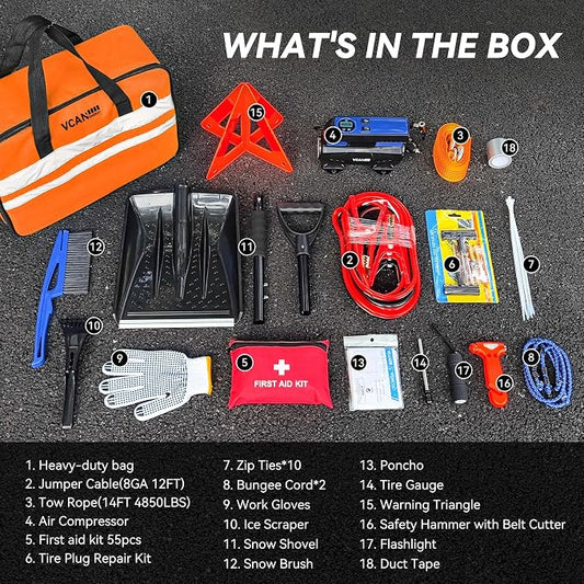 Car Emergency Kit with Portable Air Compressor, Winter Car Safety Roadside Assist Kit, Emergency Car Kit for Cars, Trucks