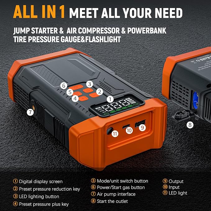 5000A Jump Starter with Air Compressor,Car Jumper Starter Portable with 150PSI Tire Inflator 12V Jump Box with LCD Display,Flashlight,Storage Case (Up 9L Gas/8L Diesel Engine（Orange