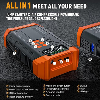 5000A Jump Starter with Air Compressor,Car Jumper Starter Portable with 150PSI Tire Inflator 12V Jump Box with LCD Display,Flashlight,Storage Case (Up 9L Gas/8L Diesel Engine（Orange