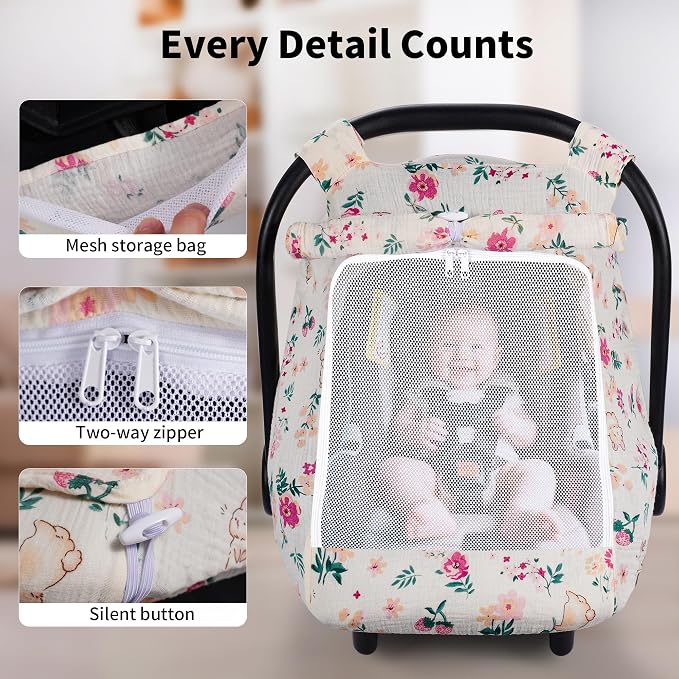 Rquite Car Seat Cover Baby, Carseat Covers Girl Boy, Breathable Muslin Cotton, Large Mesh Window, Infant Car Seat Canopy Baby Carrier Cover Stroller Sun Shade for Summer & Hot Day