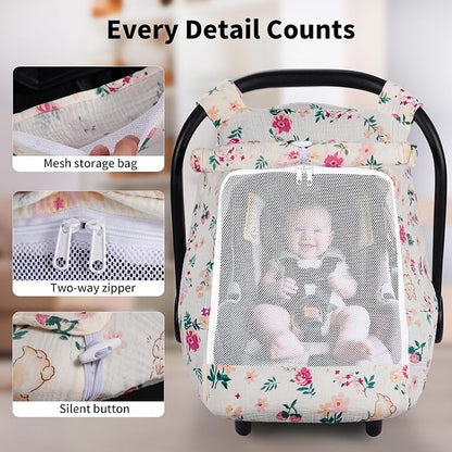 Rquite Car Seat Cover Baby, Carseat Covers Girl Boy, Breathable Muslin Cotton, Large Mesh Window, Infant Car Seat Canopy Baby Carrier Cover Stroller Sun Shade for Summer & Hot Day