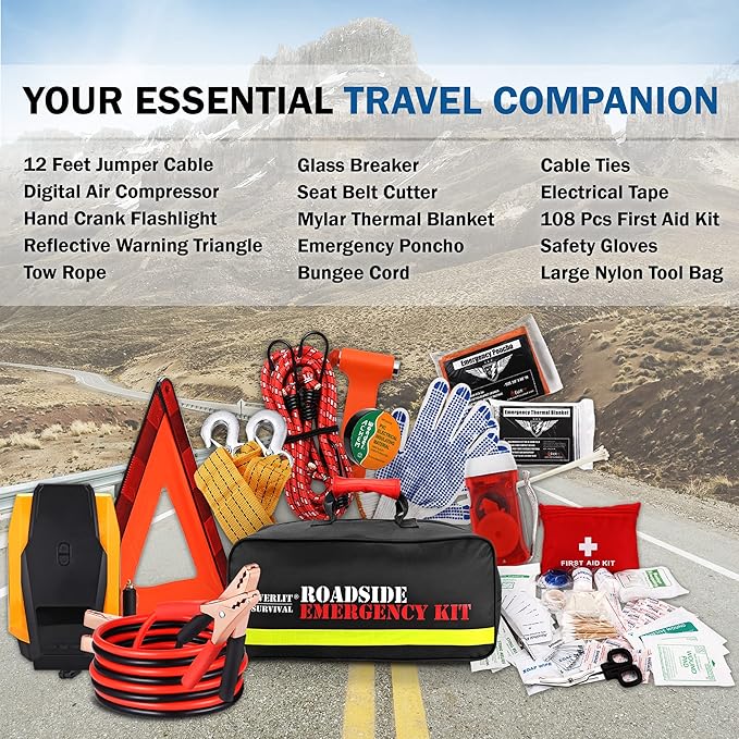 Everlit Survival Car Emergency Kit, Roadside Safety Tool Kit with Gloves,Digital Auto Air Compressor Tire Inflator, First Aid Kit, 12 Feet Jumper Cable, Tow Strap, Flashlight for Women, Men, Teenagers