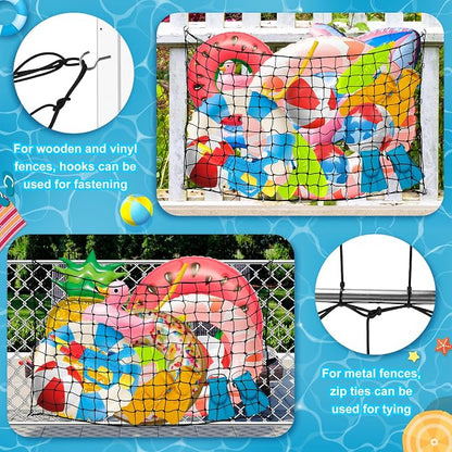 Extra Large Pool Toy Float Storage Net, 71×47'' Heavy Duty Hanging Elastic Mesh Net Organizer with 20 Hooks, 50 Cable Ties, Swimming Poolside Fence Toys Holder for Inflatable Rafts Pool Noodles Balls