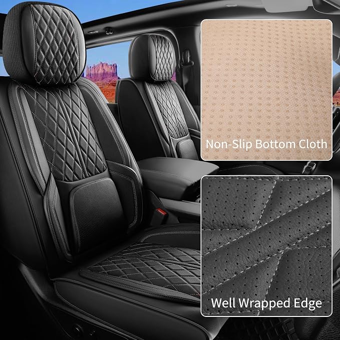 Custom Fit Chevy Silverado GMC Sierra 1500 2007-2026 2500/3500 HD Crew Cab Full Set Car Seat Covers - 5 Pack, Premium Faux Leather Truck Seat Protector with Airbag Compatible Design, Black
