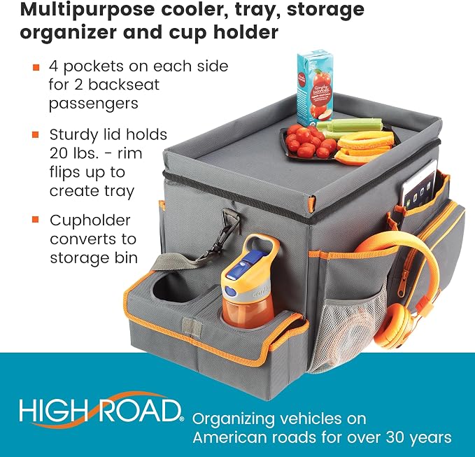 High Road CarHop Front Seat Car Organizer with Car Cup Holder, Passenger Seat Tray and Padded Filing or Cooler Compartment with Side Pocket Storage, Gray
