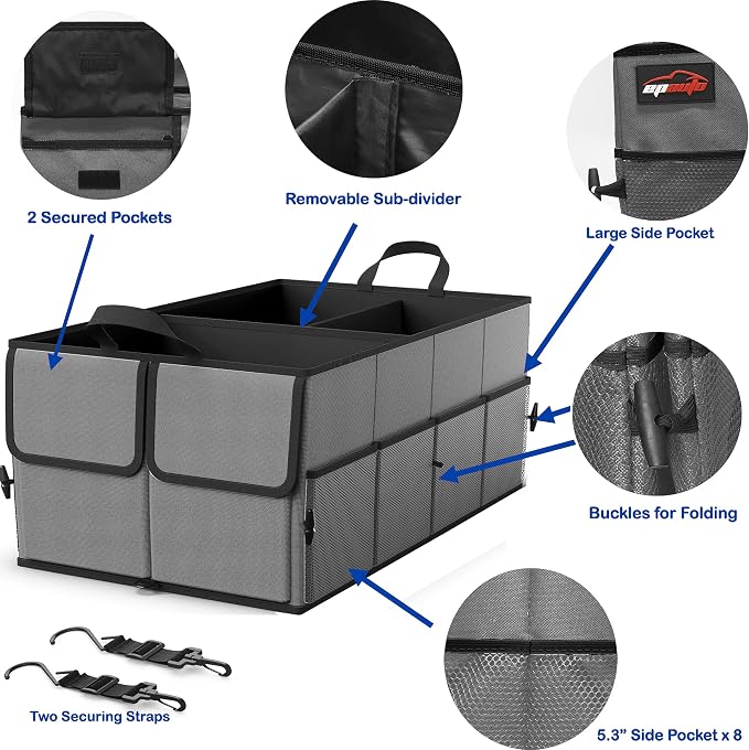 EPAuto Foldable Car Trunk Organizer for SUV, 3-Compartment with Removable Divider, Dark Gray