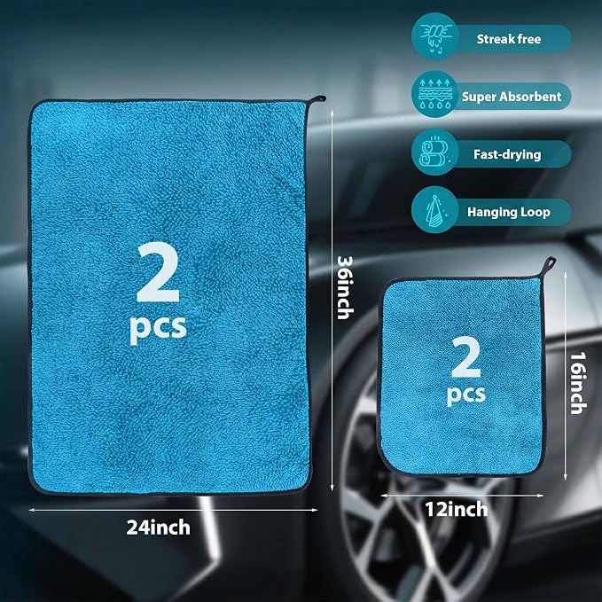Aidoclip 4PCS Car Drying Towel Microfiber Detailing Kit - 36x24 in Car Towels Cleaning Supplies, Reusable Shammy Quick Dry Cloth for Carwash, for Auto, Boat, RV, Garage & Home (Blue)