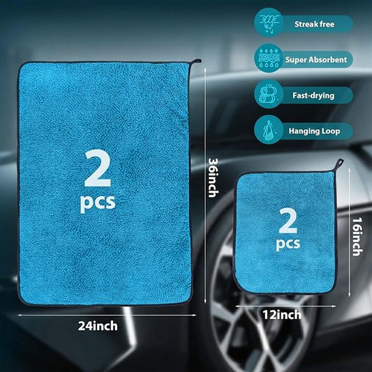 Aidoclip 4PCS Car Drying Towel Microfiber Detailing Kit - 36x24 in Car Towels Cleaning Supplies, Reusable Shammy Quick Dry Cloth for Carwash, for Auto, Boat, RV, Garage & Home (Blue)