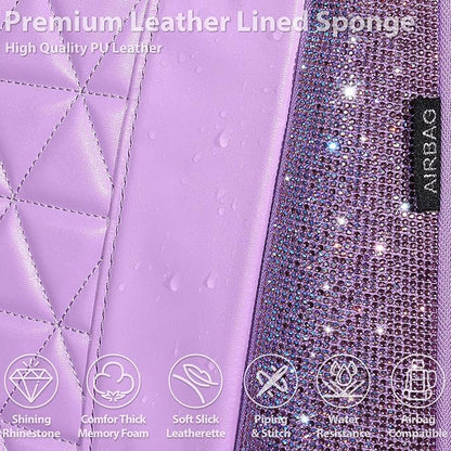 CAR PASS Light Purple Bling Diamond Leather Car Seat Covers Full Sets, Waterproof Shining Glitter Sparkly Crystal Universal Armrest Fit for Automotive Truck SUV Cute Women Girl,Lavender Rhinestone